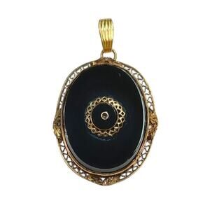 Antique Victorian 10K Black Agate Mourning Pendant